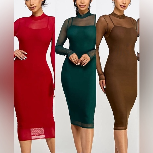🌸 Mock Neck Mesh Midi Dress Hunter Green - Picture 1 of 6